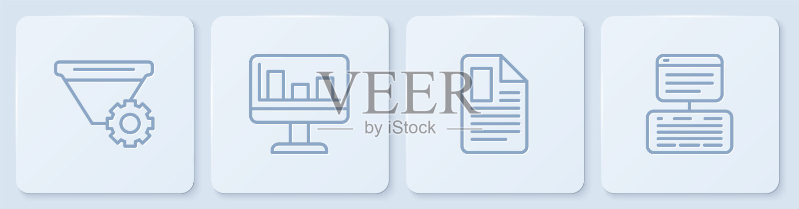 设置行过滤器设置,文件文档,监控图表和服务器,数据,网络主机。白色正方形按钮。向量插画图片素材