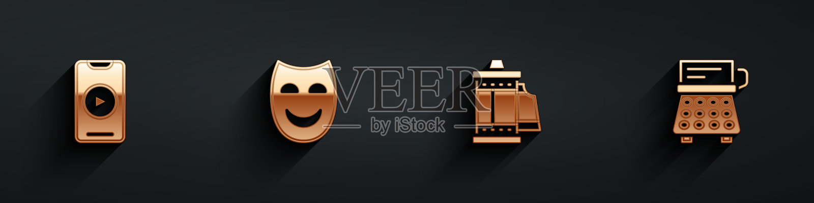 设置在线播放视频,喜剧戏剧面具,相机卷墨盒和复古打字机图标与长阴影。向量图标素材