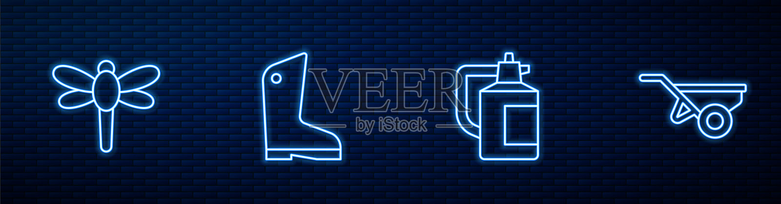 设置肥料喷雾器、蜻蜓、橡胶手套和带泥土的手推车。砖墙上闪烁的霓虹灯图标。向量插画图片素材