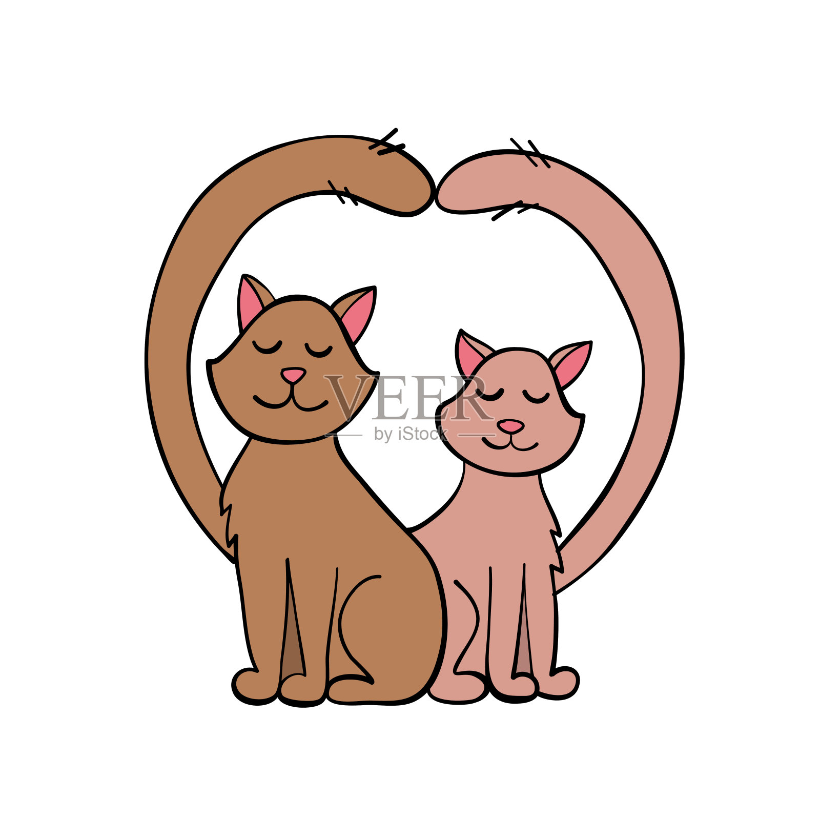 一对猫和情人节贺卡设计的心插画图片素材