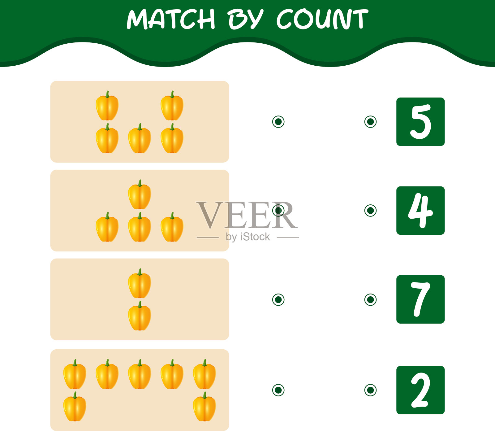 卡通灯笼椒按数匹配。比赛和计数游戏。教育游戏为学龄前儿童和学步儿童插画图片素材