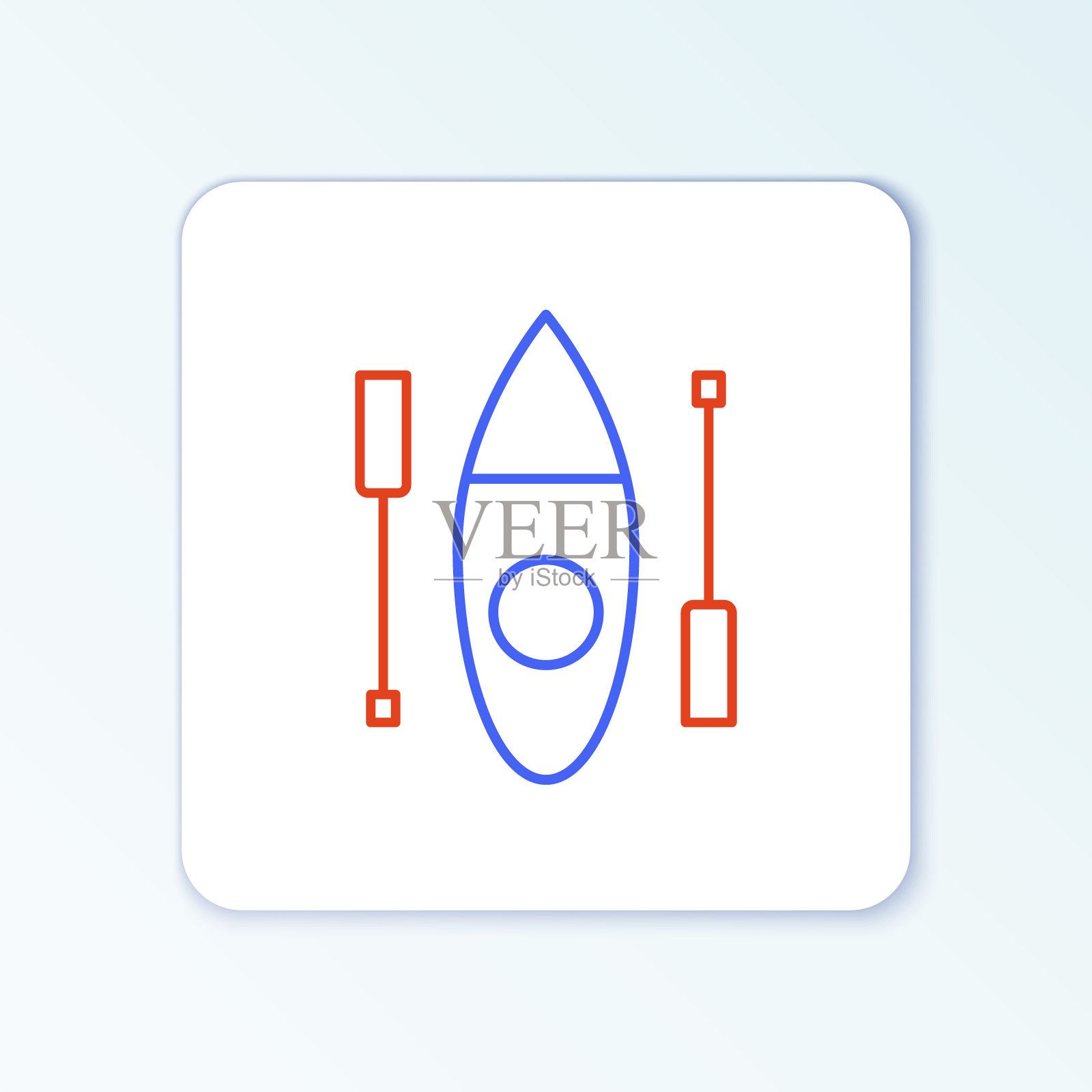 线独木舟和桨图标孤立在白色背景。皮艇和独木舟用于钓鱼和旅游。户外活动。色彩斑斓的轮廓的概念。向量图标素材