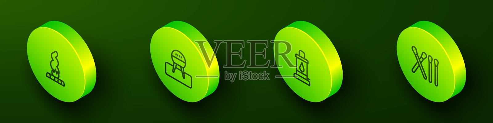 设置等距线营火,烧烤烧烤,野营灯和火柴棒图标。向量图标素材