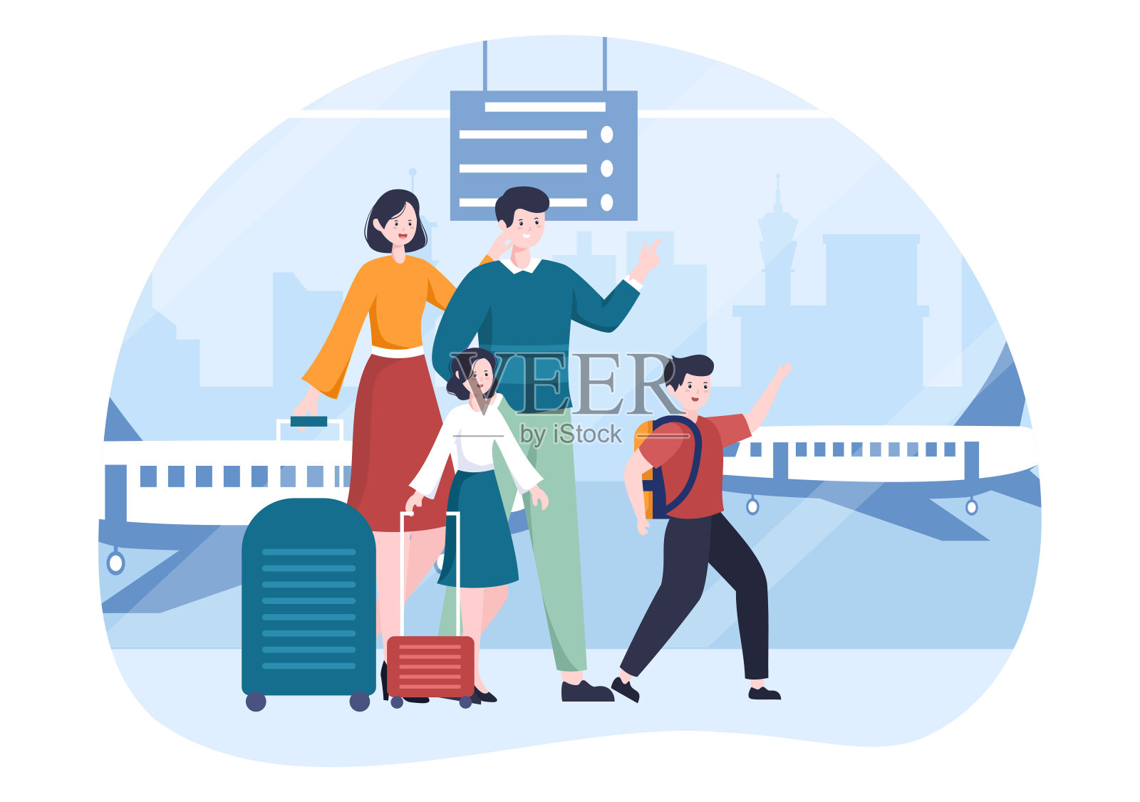 快乐的父母和孩子花时间一起在旅游做各种放松活动在卡通平面插图的海报或背景插画图片素材