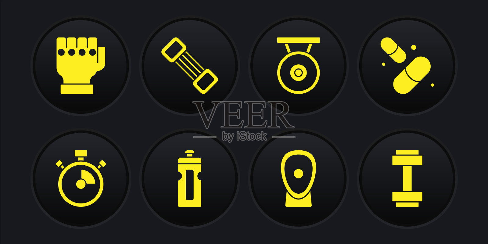 设置秒表,维生素药丸,健身摇器,拳击训练爪,锣,扩胸器,哑铃和综合格斗手套图标。向量图标素材