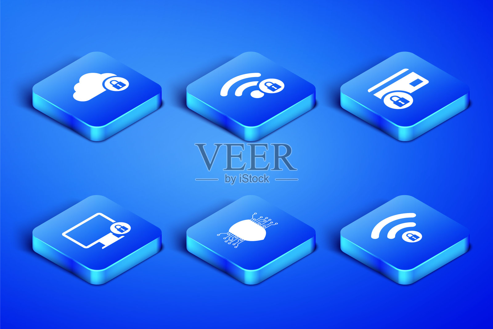 设置Wifi锁定、云计算、网络安全、显示器锁定和信用卡图标。向量图标素材
