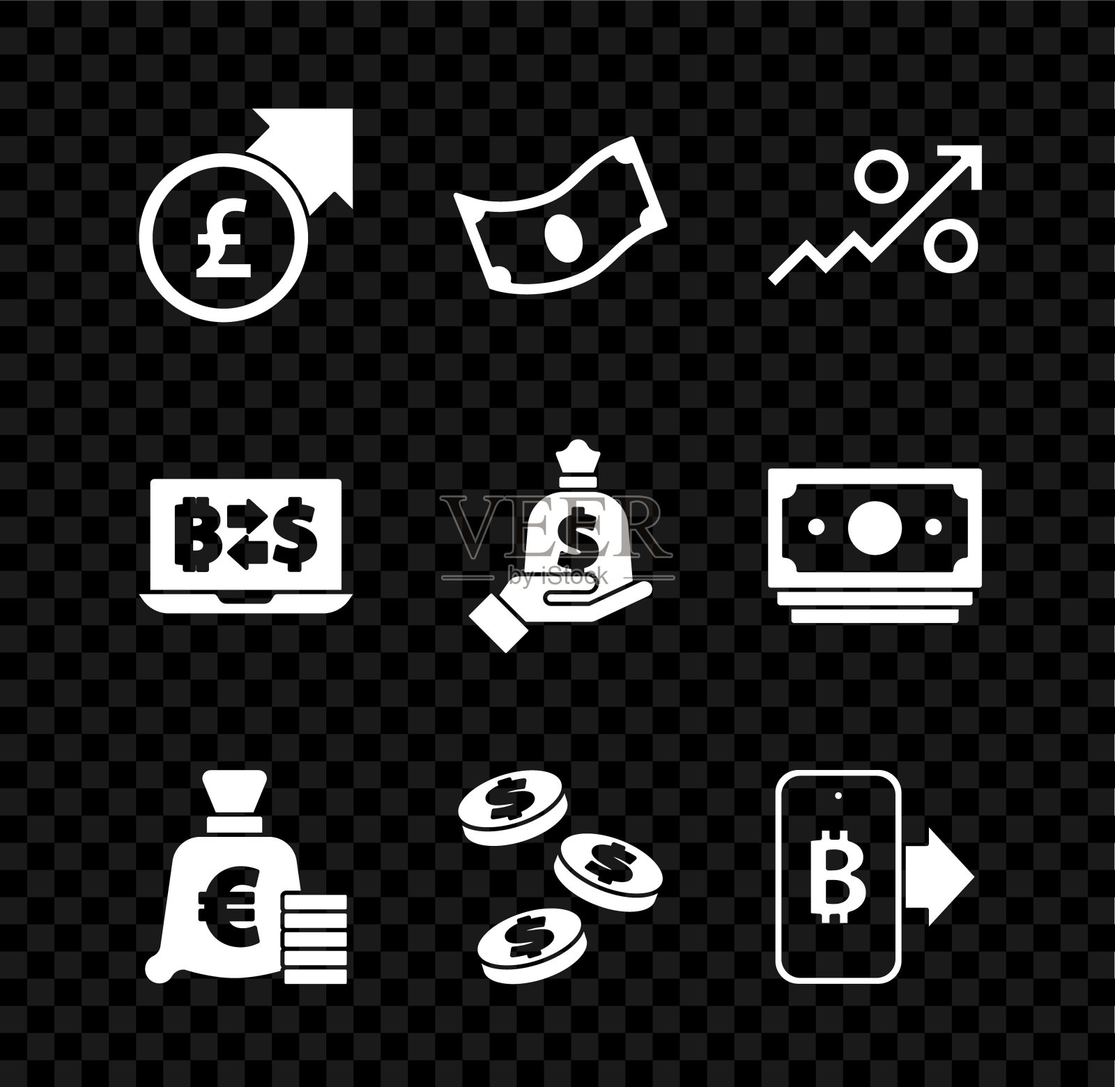 Set Financial growth and pound, Stacks paper money cash, Percent up arrow, Coin with euro symbol, dollar, Mining bitcoin from mobile, Cryptocurrency exchange和手持包图标。向量图标素材