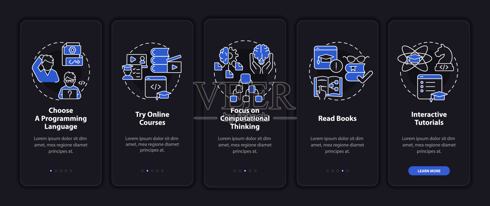 如何学习编码夜间模式登机移动应用程序屏幕插画图片素材