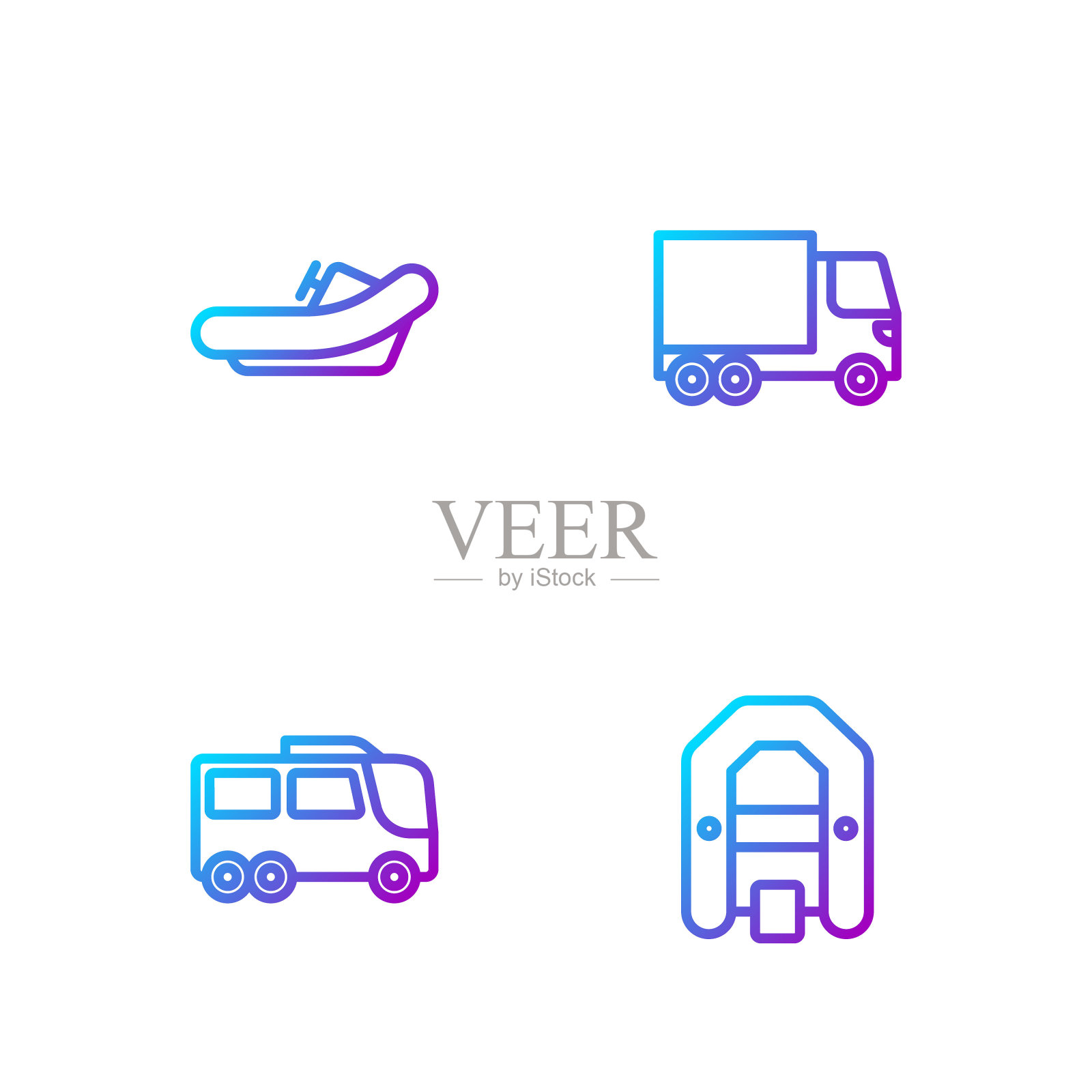 集漂流船、巴士、货运卡车于一体。渐变颜色图标。向量图标素材