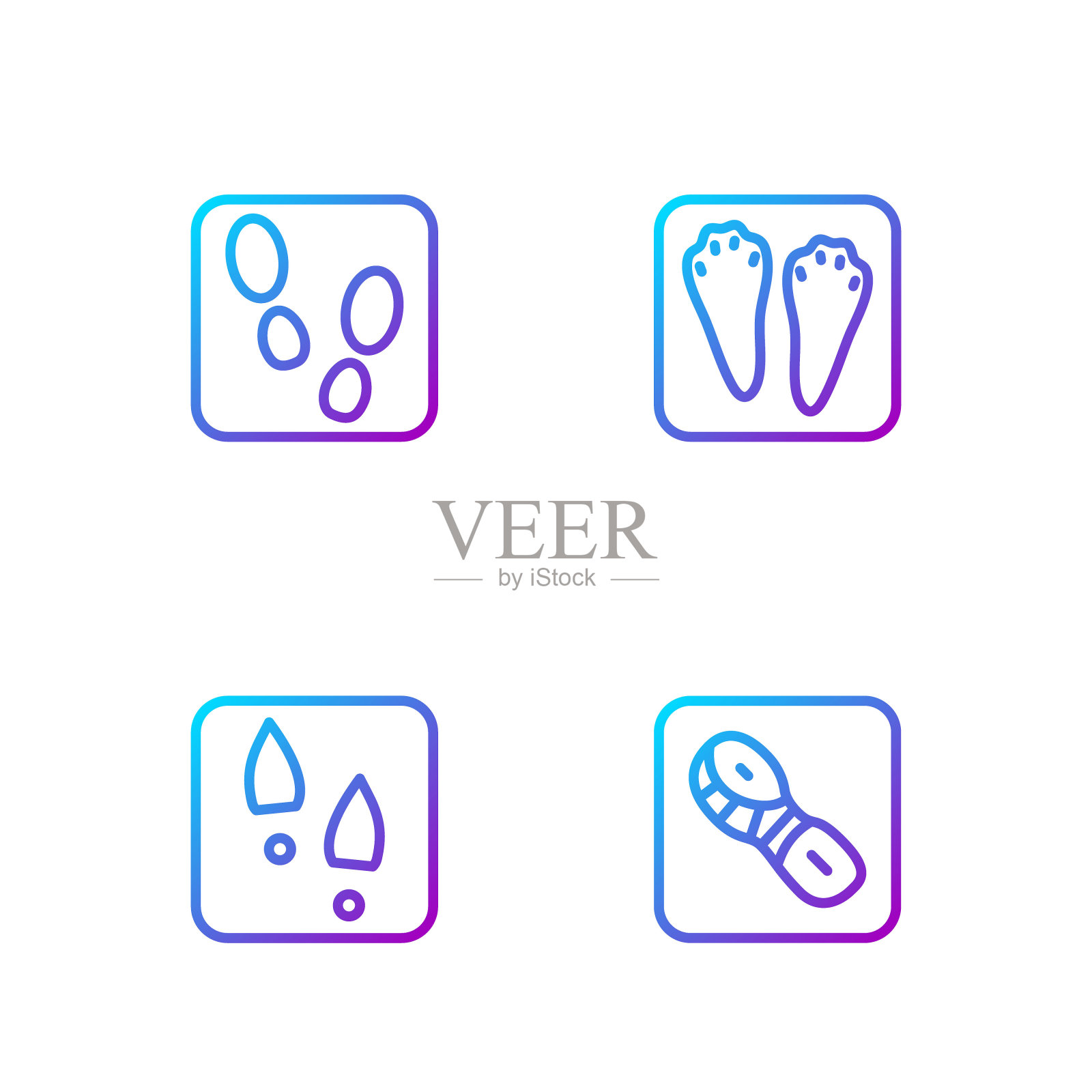 鞋、兔、兔爪、人的脚印。渐变颜色图标。向量图标素材