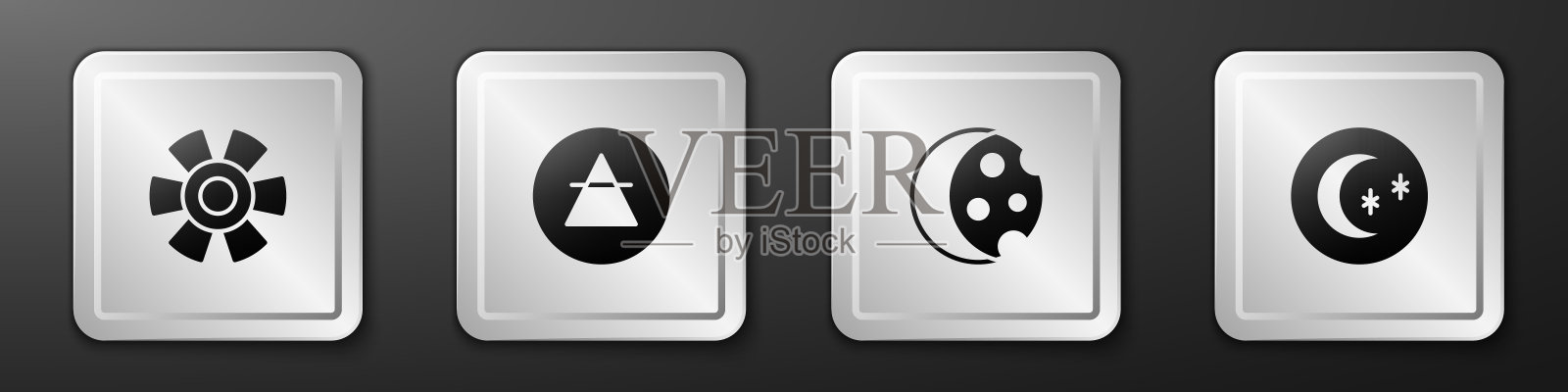日落,风元素,日蚀,月亮和星星图标。银广场按钮。向量图标素材