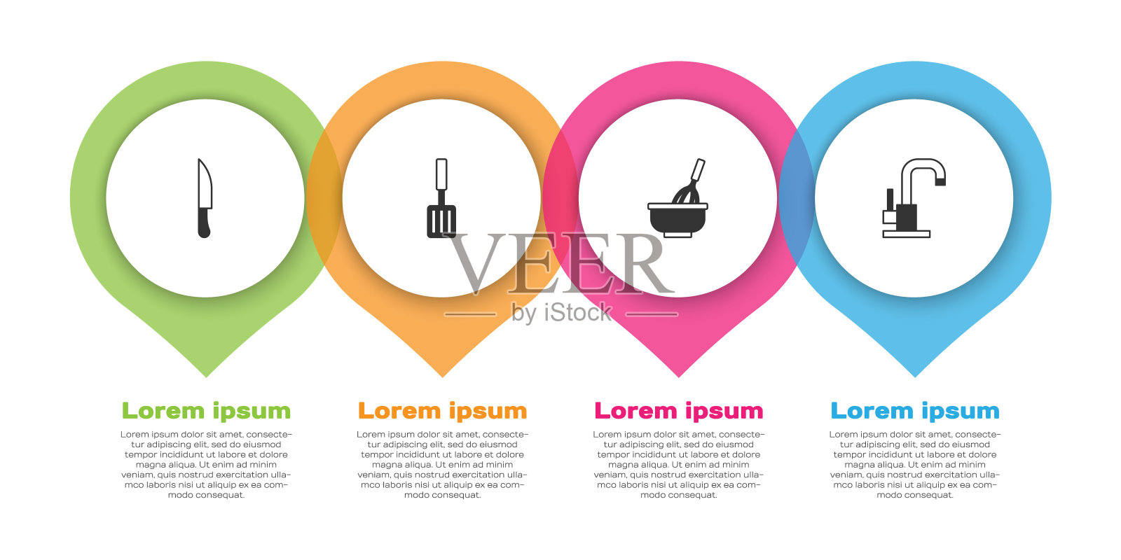 设置刀,烧烤铲,厨房打蛋器,碗和水龙头。业务信息模板。向量设计模板素材