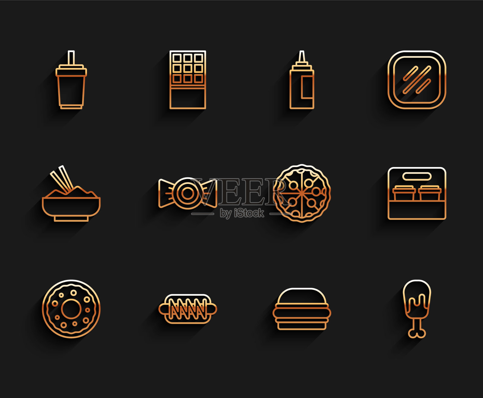 设置线甜甜圈热狗三明治纸玻璃与图标素材