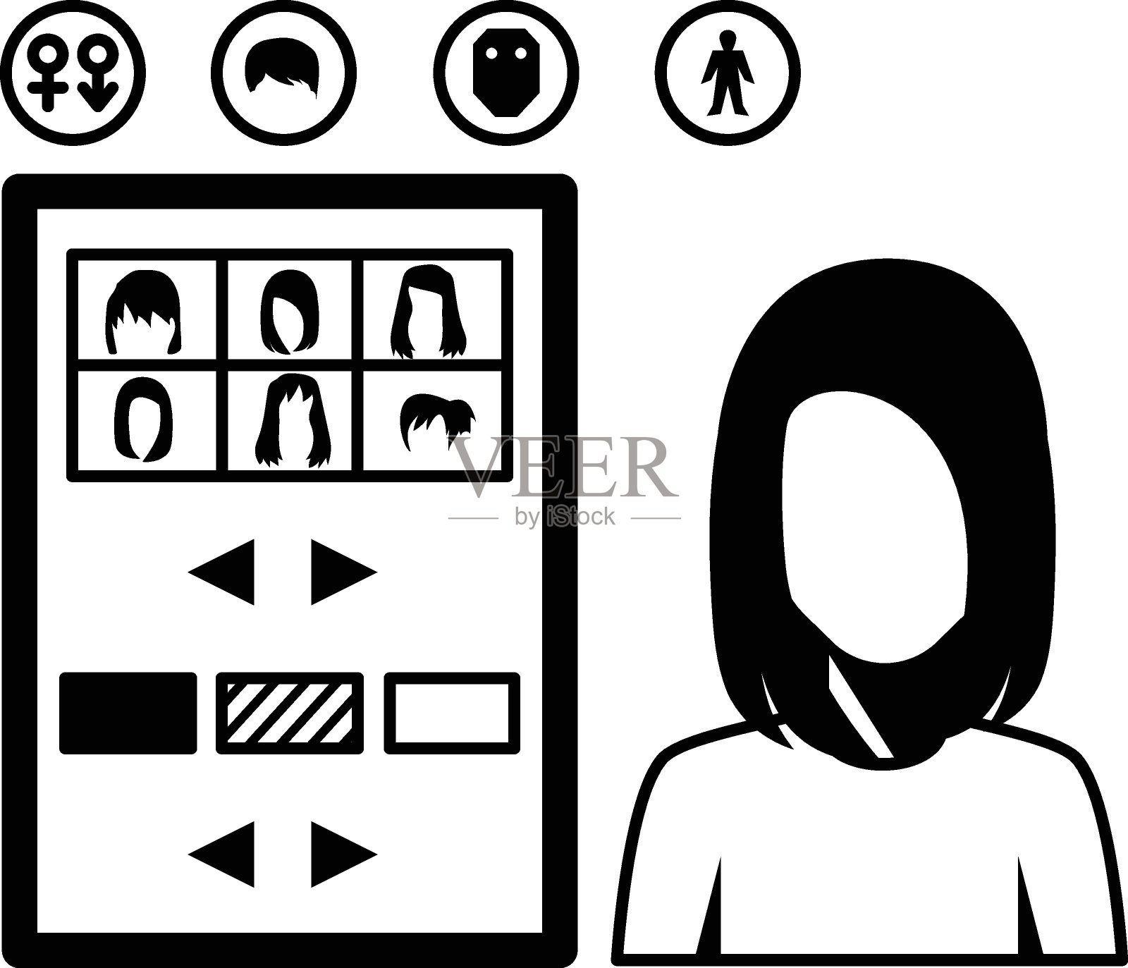 元宇宙角色或化身建造工具概念,VR面部制造者矢量图标设计,元宇宙符号,持久的虚拟环境符号,未来主义股票插图中的互联网功能插画图片素材