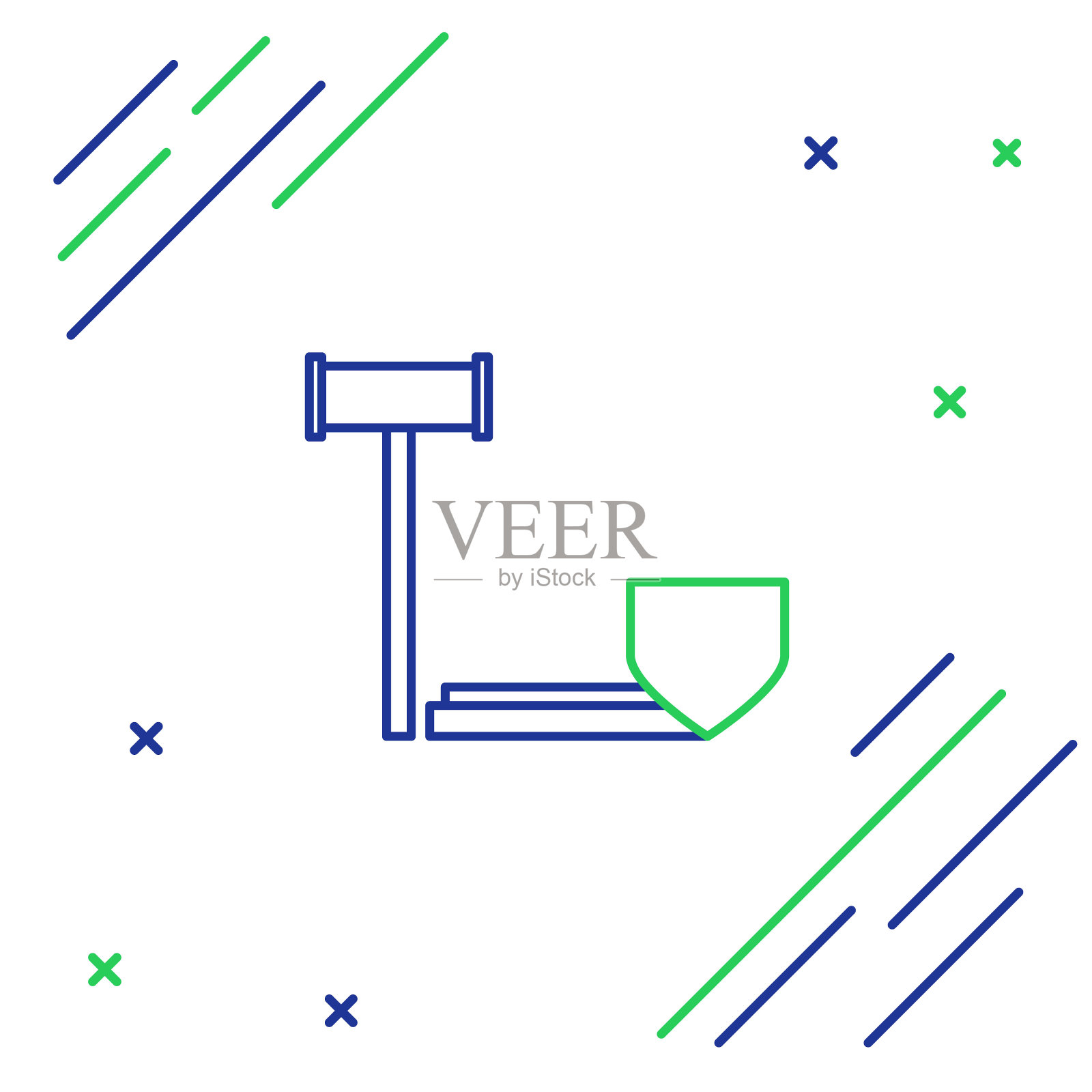 白色背景上的带盾牌的法官木槌线条图标。保险概念。安全、保护、保障概念。彩色轮廓概念。矢量插画图片素材