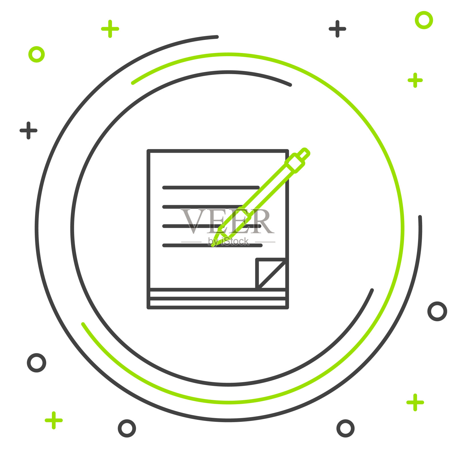 黑色和绿色线空白笔记本和钢笔图标孤立在白色背景。纸和笔。色彩斑斓的轮廓的概念。矢量图插画图片素材