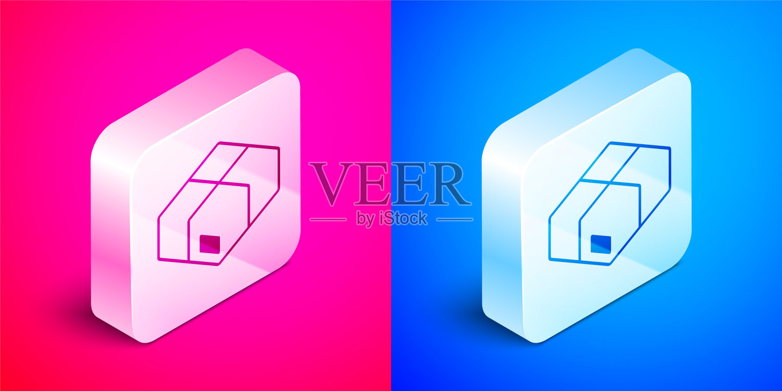 等距纸箱纸箱图标孤立在粉红色和蓝色的背景。盒子,包裹,包裹标志。交付和包装。银广场按钮。向量插画图片素材