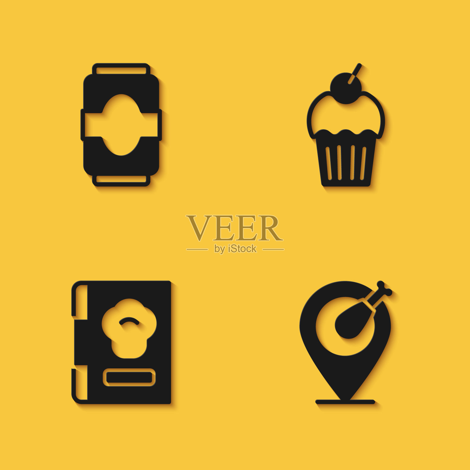 设置苏打罐,鸡腿,食谱和松饼图标与长阴影。向量图标素材