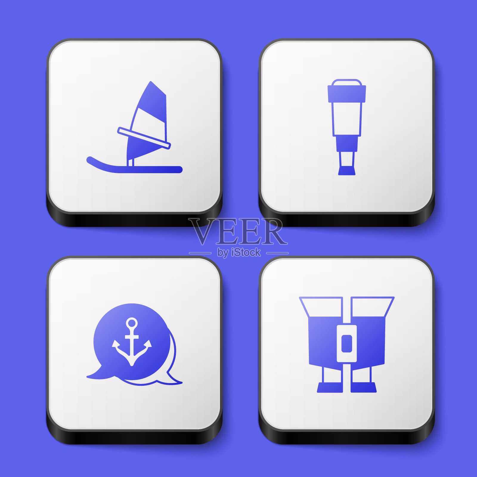 设置风帆冲浪,望远镜镜头,锚和望远镜图标。白色正方形按钮。向量图标素材