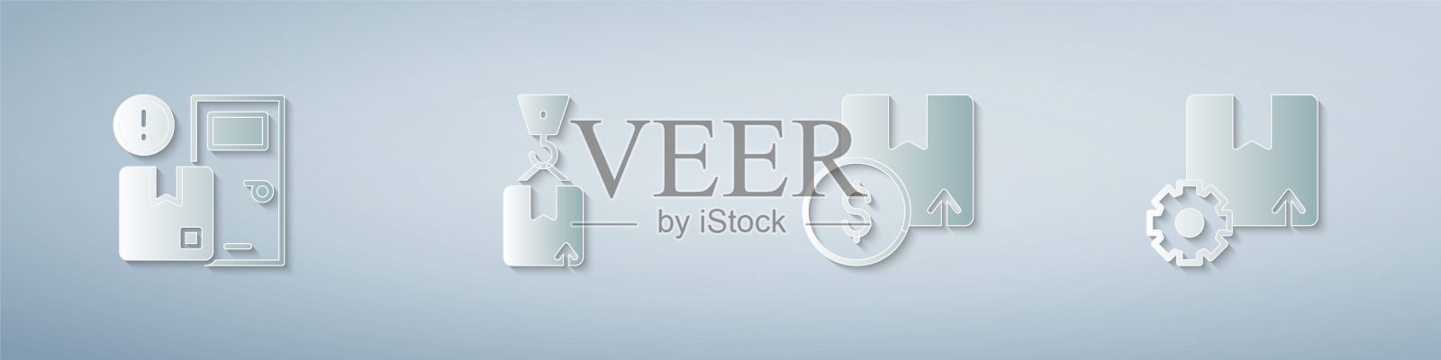 集送货上门服务,起重机与纸箱,纸箱和齿轮包装。纸艺术风格。向量插画图片素材