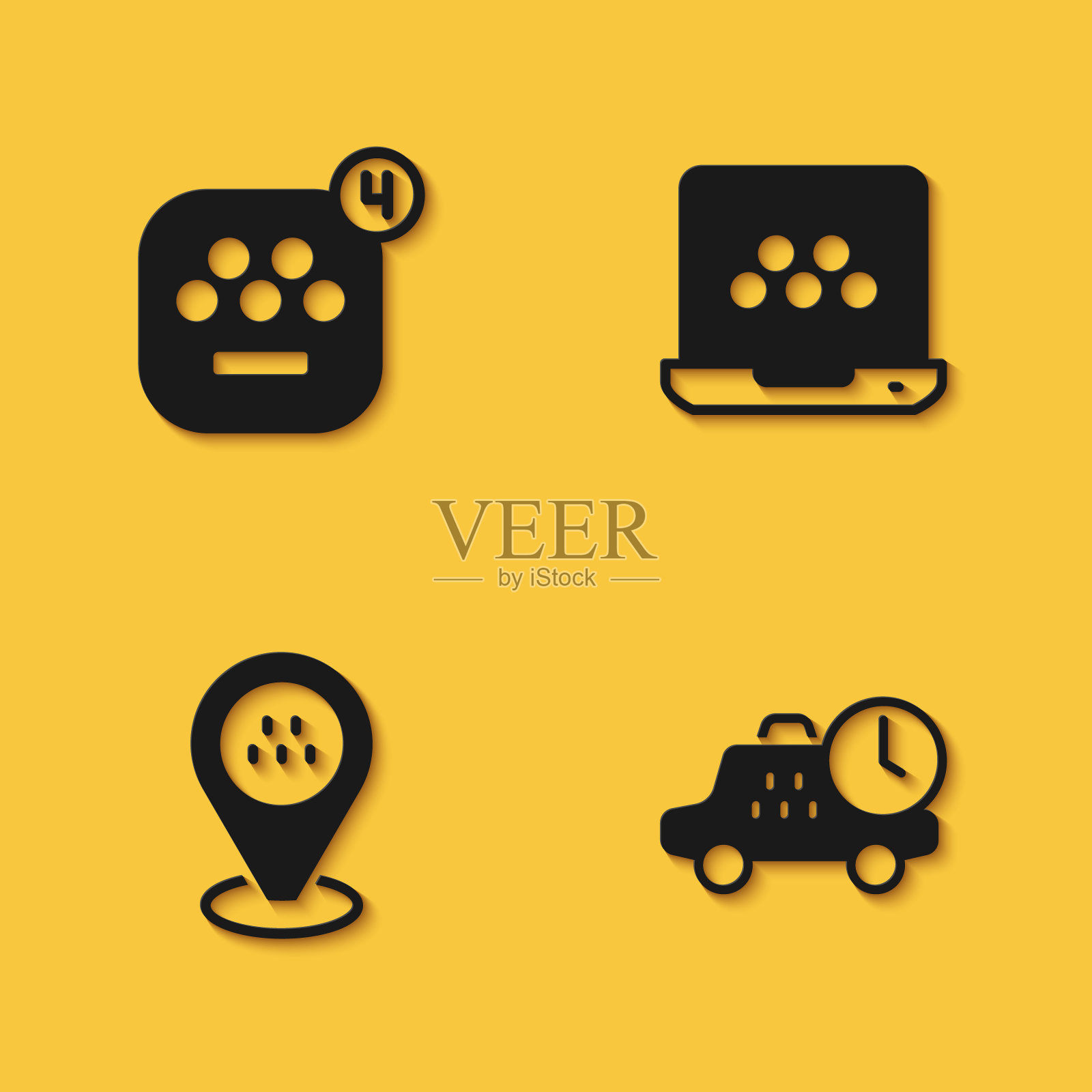 设置出租车手机app,等待时间,定位出租车和长阴影图标。向量图标素材