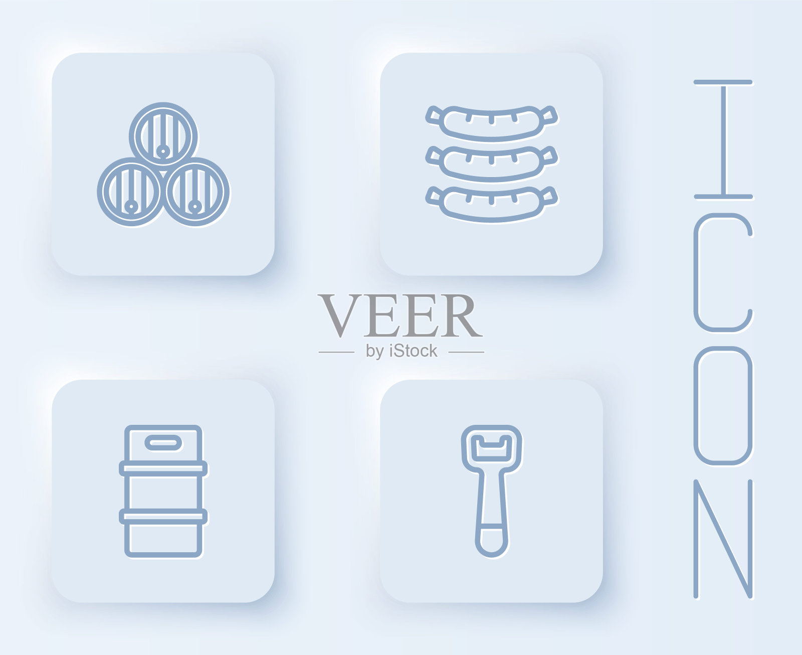 设置线木桶,香肠,金属啤酒桶和开瓶器。白色正方形按钮。向量插画图片素材