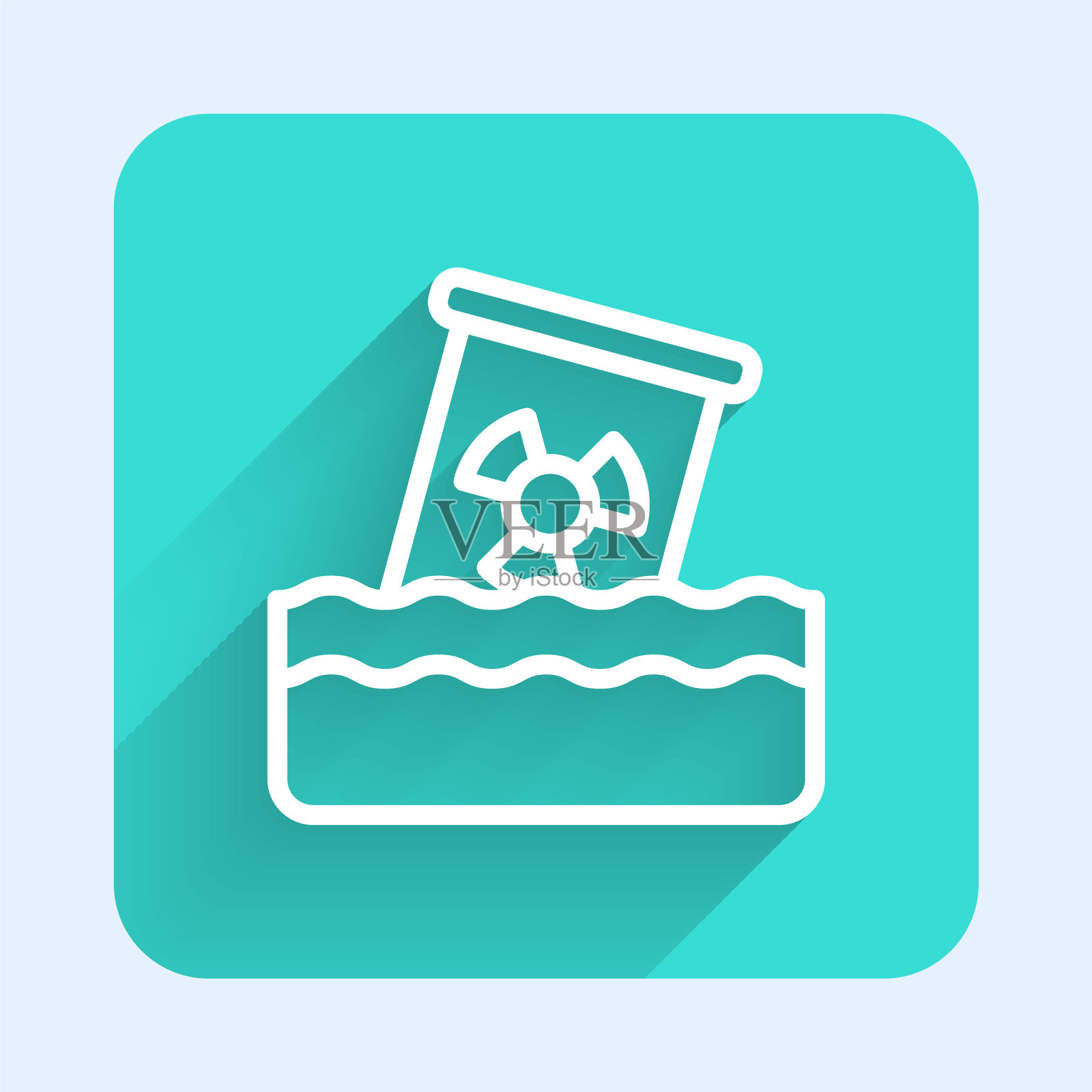 白线放射性废物在桶图标孤立与长阴影背景。有毒废物污染了水。环境污染。绿色广场按钮。向量图标素材