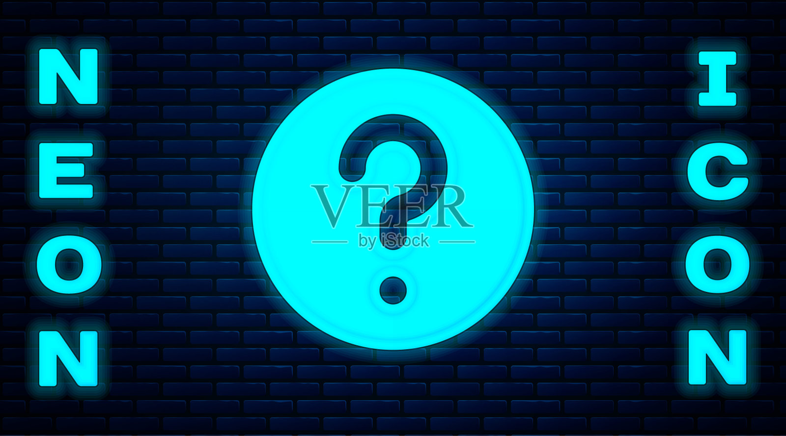 发光的霓虹灯未知的搜索图标孤立在砖墙背景。放大镜和问号。向量插画图片素材