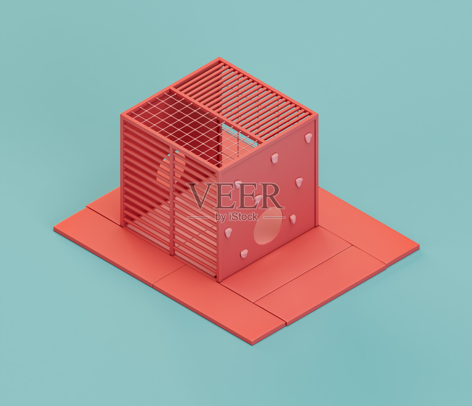 有绳索和攀爬墙的笼子。等距红色操场对象,适合儿童身心发展。单色单色,三维渲染照片摄影图片