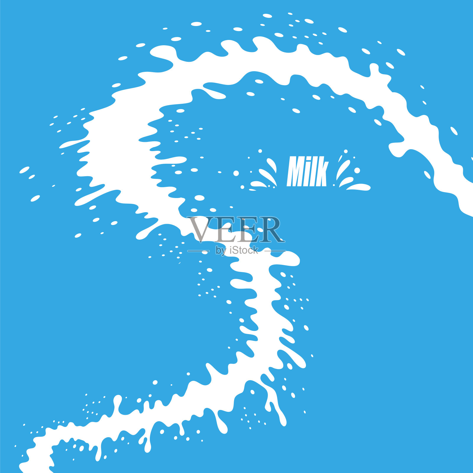 倒牛奶溅在蓝色背景上。白色乳脂液体滴。新鲜农场奶流饮料。极简海报插画图片素材
