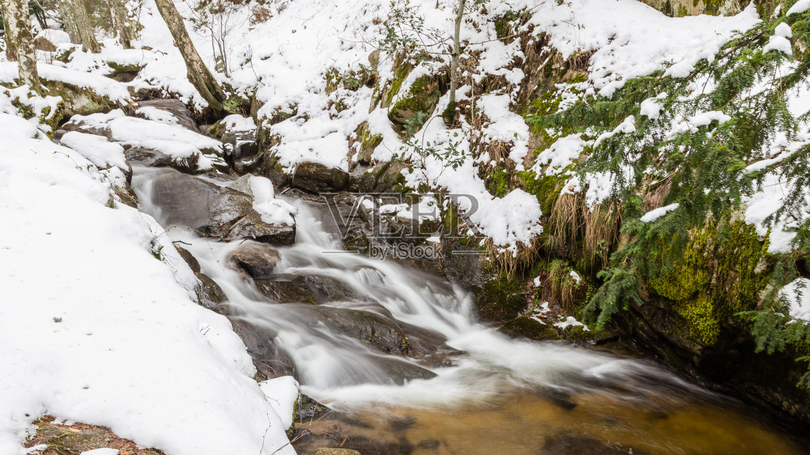 在马德里的Canencia港口,积雪覆盖的山涧照片摄影图片