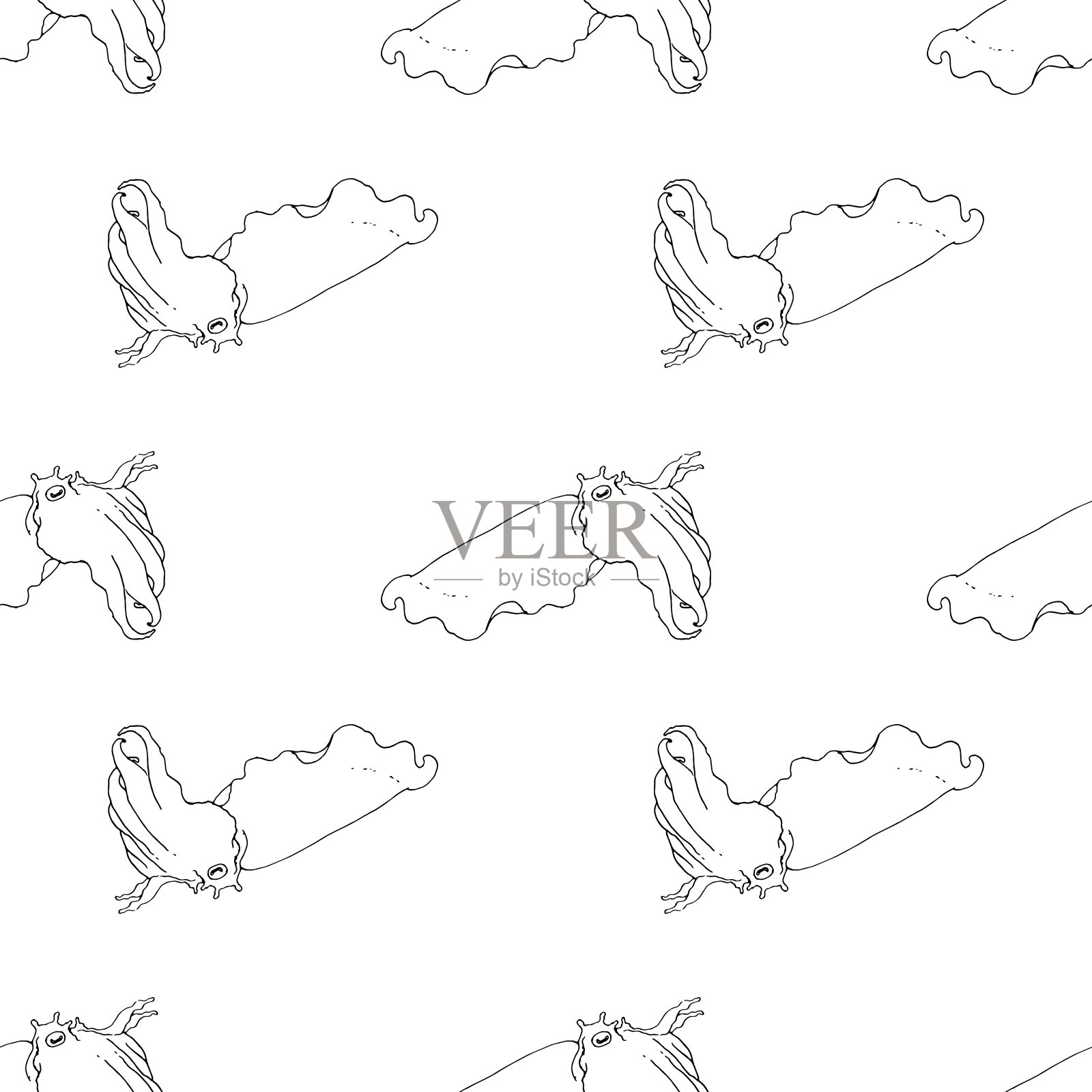 墨鱼图样墨鱼的图样无缝图案乌贼海洋动物素描与触手侧视图,孤立的黑色轮廓上白色的设计模板插画图片素材