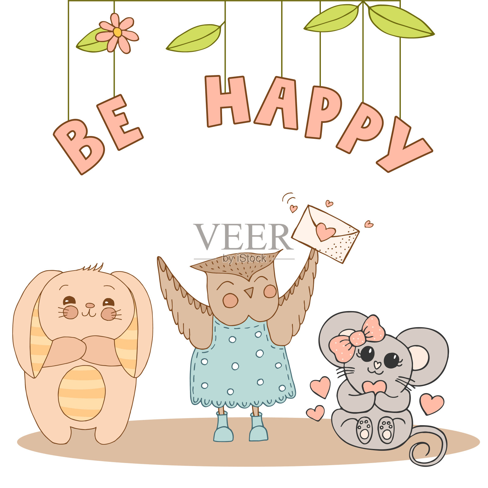 手绘可爱的动物与字母。兔子有条纹的耳朵和肚子,老鼠有粉色的蝴蝶结和心形图案,猫头鹰穿着蓝色的圆点连衣裙和印有心形图案的靴子。很高兴。插画图片素材