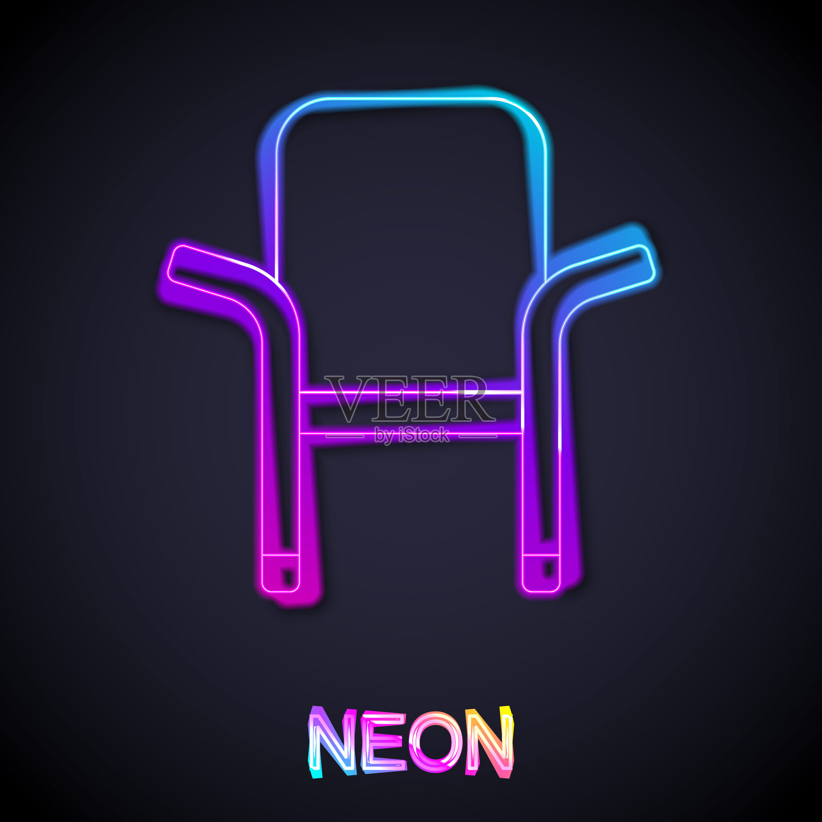 发光霓虹灯线野营便携式折叠椅图标孤立在黑色背景。休息和放松设备。钓鱼的座位。向量插画图片素材