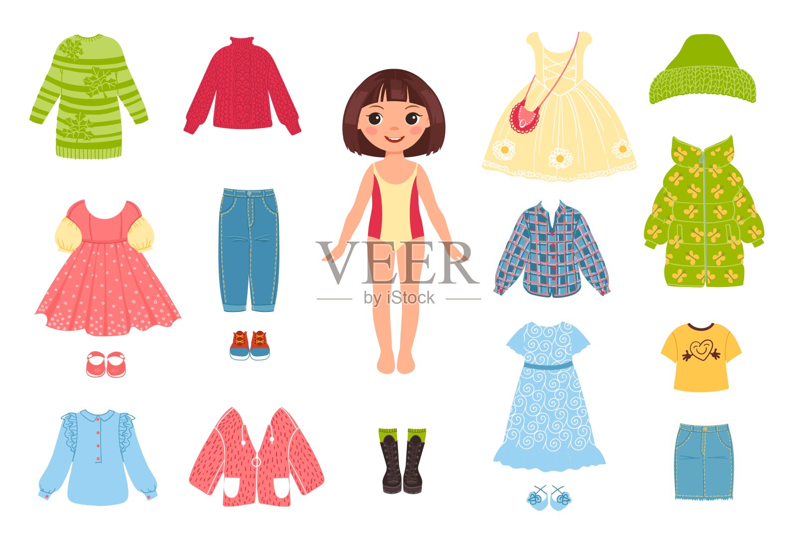 女孩的衣服。穿着衣服的小滑稽人物。纸娃娃供孩子们玩。时尚的构造函数。应季夹克和外套。衣服和鞋子。向量儿童和服装集插画图片素材