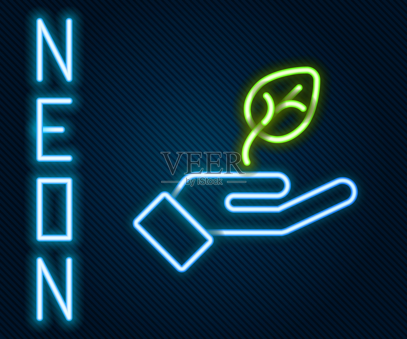 发光的霓虹灯线厂手中的环保图标孤立在黑色的背景上。种子和幼苗。种植树苗。生态学的概念。色彩斑斓的轮廓的概念。向量插画图片素材