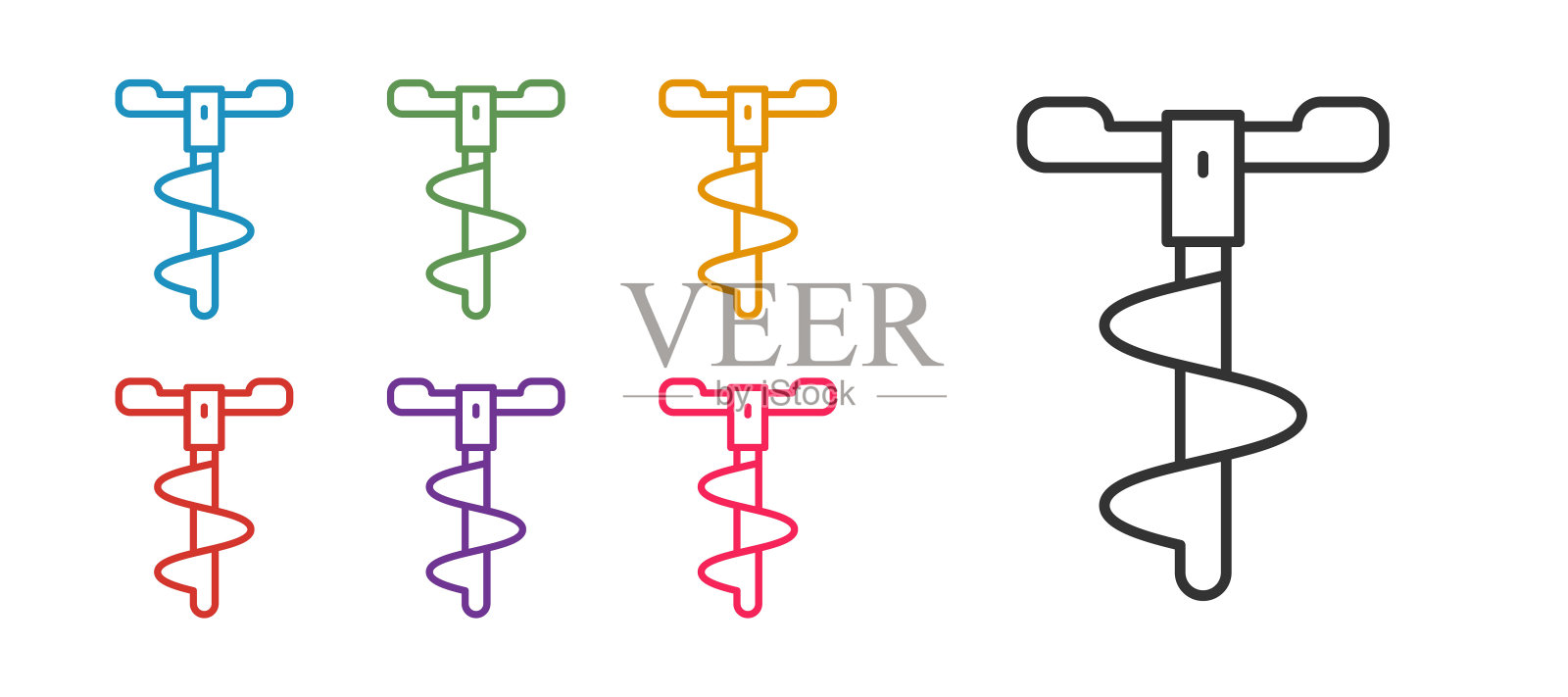 设置线手冰钻冬季捕鱼图标孤立在白色背景。设置图标丰富多彩。向量图标素材