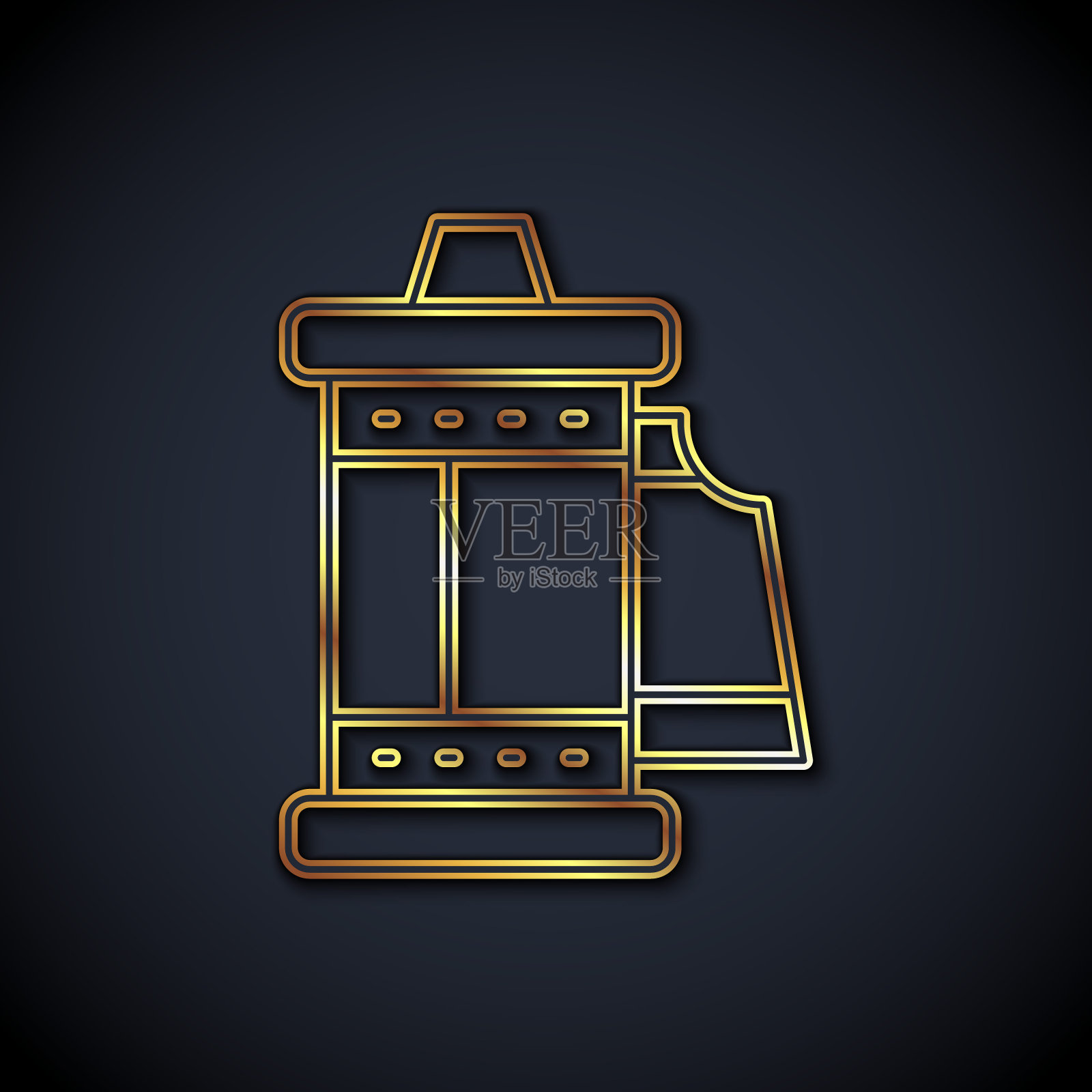 金线相机老式胶卷卷墨盒图标孤立在黑色背景。35毫米电影罐。幻灯片摄影设备。向量插画图片素材