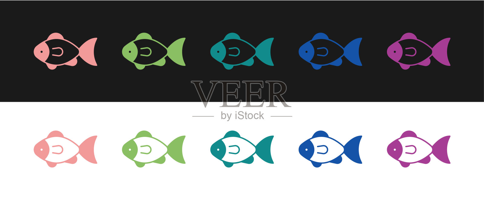 设置鱼图标孤立在黑白背景上。向量图标素材