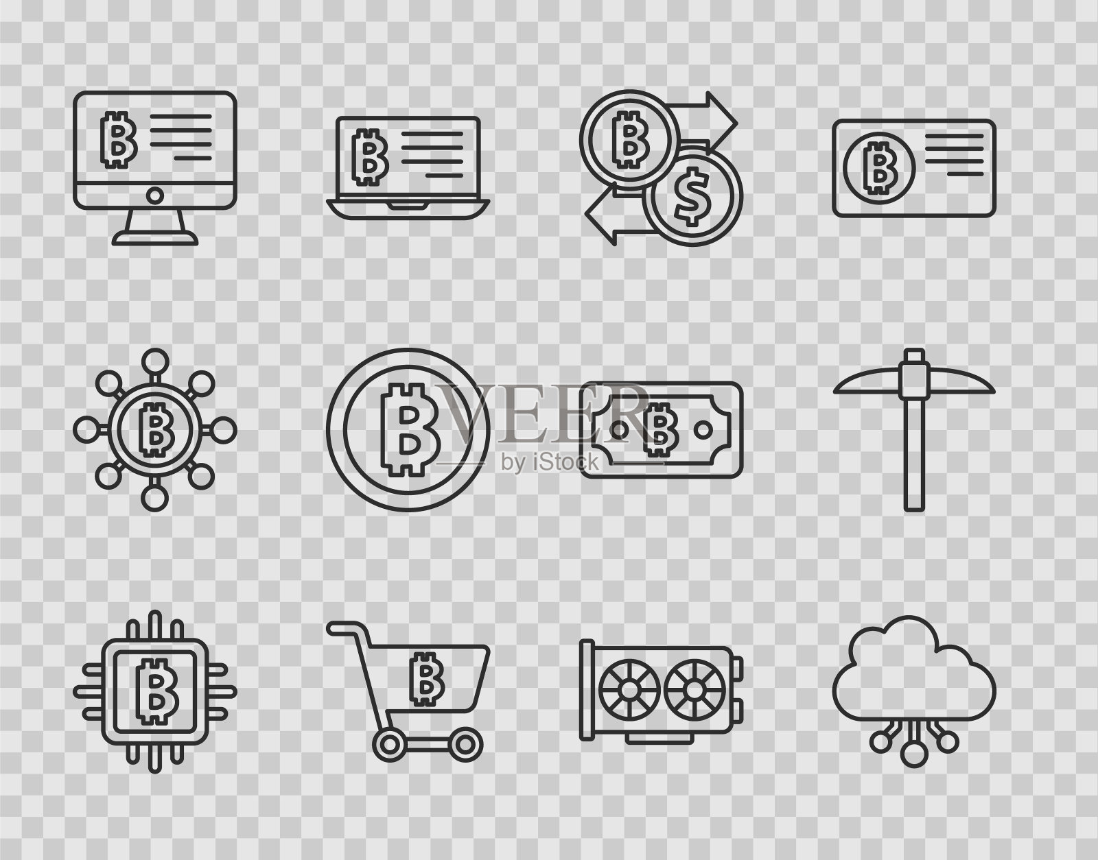 设置线CPU挖矿场,加密货币云,交易所,购物车与比特币,从监视器挖矿,比特币,视频图形卡和Pickaxe图标。向量图标素材