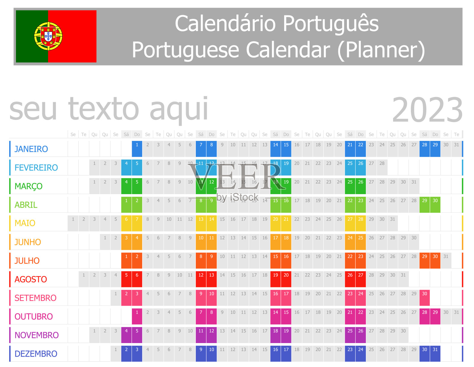 带有水平月份的2023葡萄牙日历设计模板素材