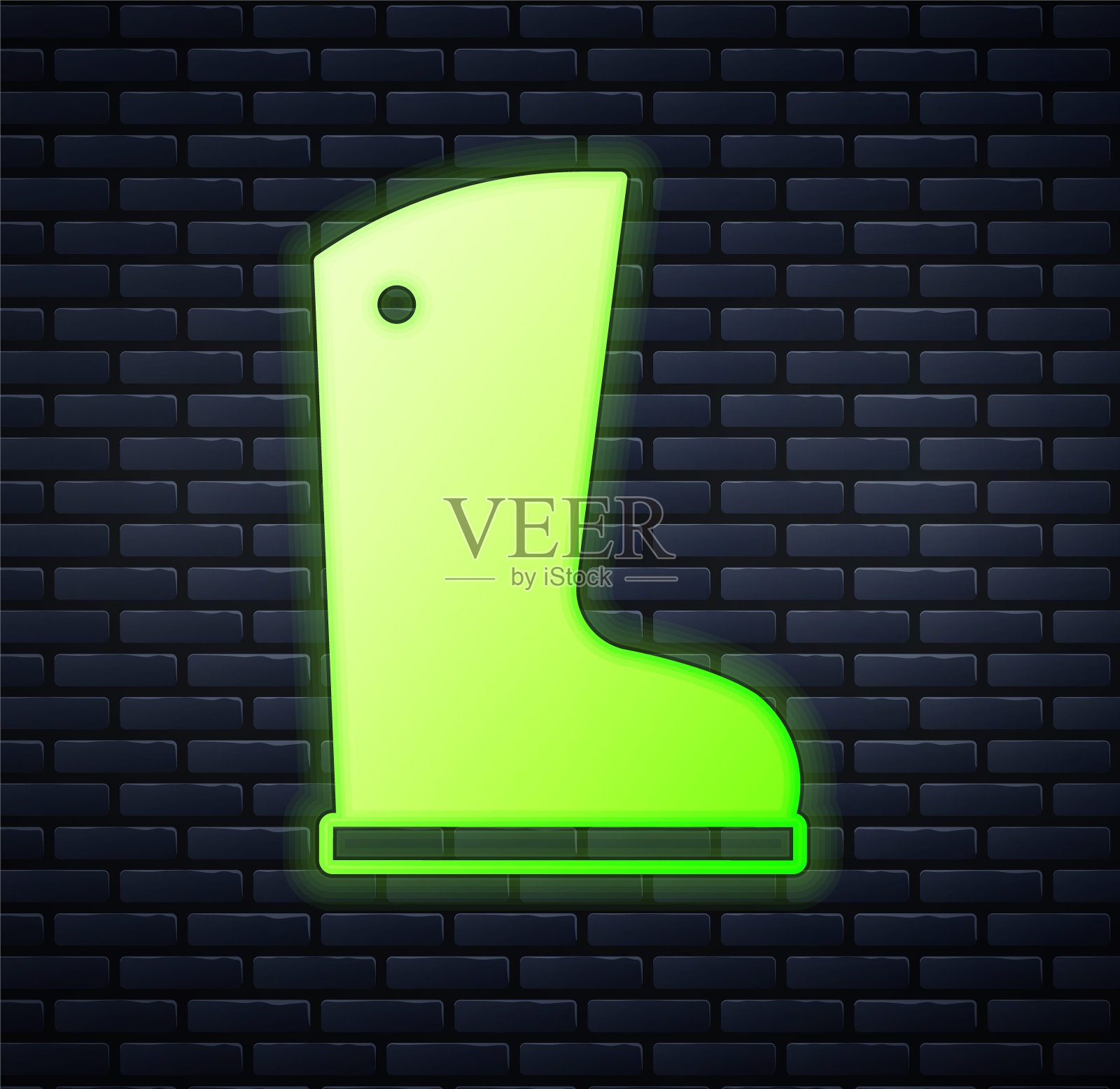 发光霓虹灯防水橡胶靴图标孤立在砖墙背景。雨天穿胶靴,钓鱼,园艺。向量插画图片素材