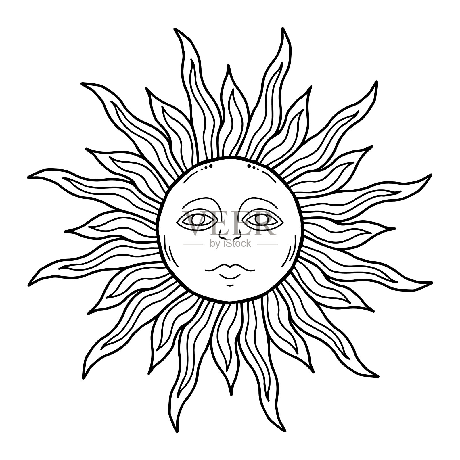 风俗化的太阳与脸手绘黑色墨水轮廓,传统的斯拉夫民族符号Shrovetide或Maslenitsa,占星术符号复古概念。纹章中世纪纹身设计。设计元素图片