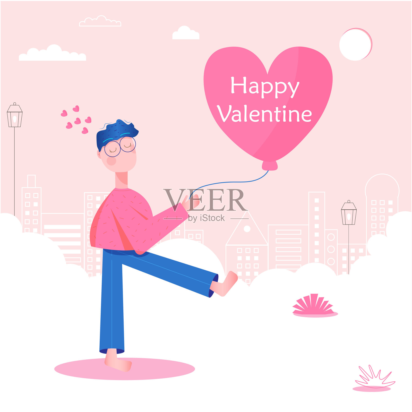 矢量插图为情人节。浅色背景下一个人的心的图像。平的风格插画图片素材