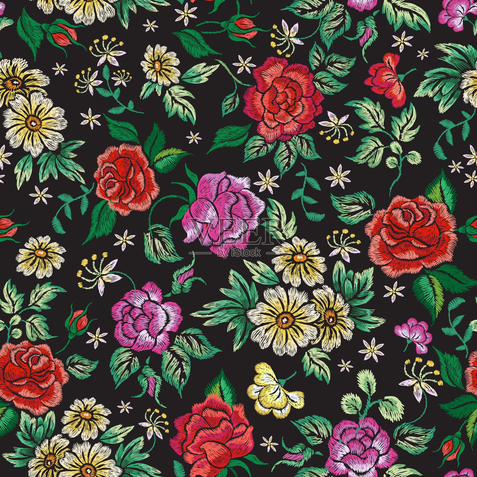 花卉刺绣图案。绣花背景,花园复古印花。仿丝针,玫瑰,牡丹和雏菊现今矢量无缝纹理插画图片素材