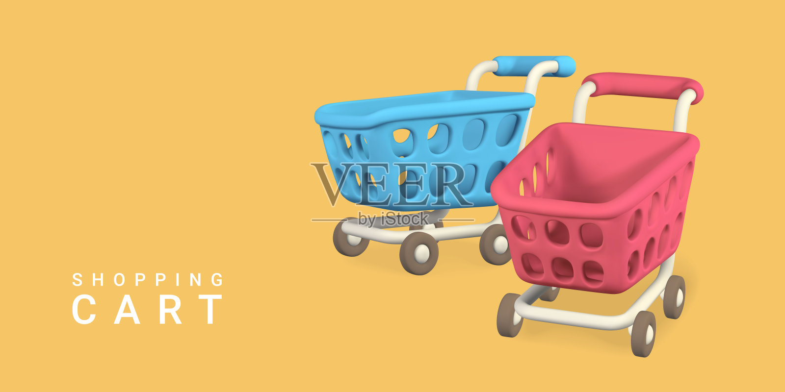 黄色背景上的3d空购物车。购物的概念。矢量图设计元素图片