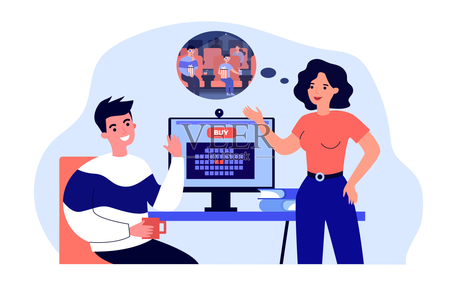 情侣通过在线应用程序预订电影票设计元素图片