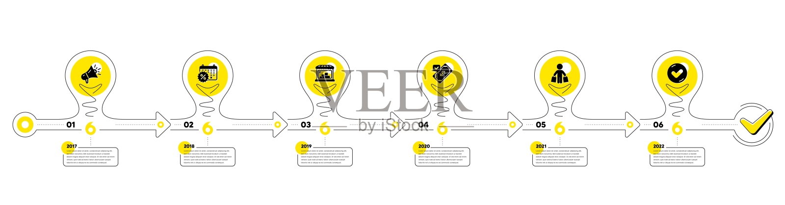 贸易信息图6步时间表。购物过程与折扣日历,商店,付款和购物者图标。向量插画图片素材