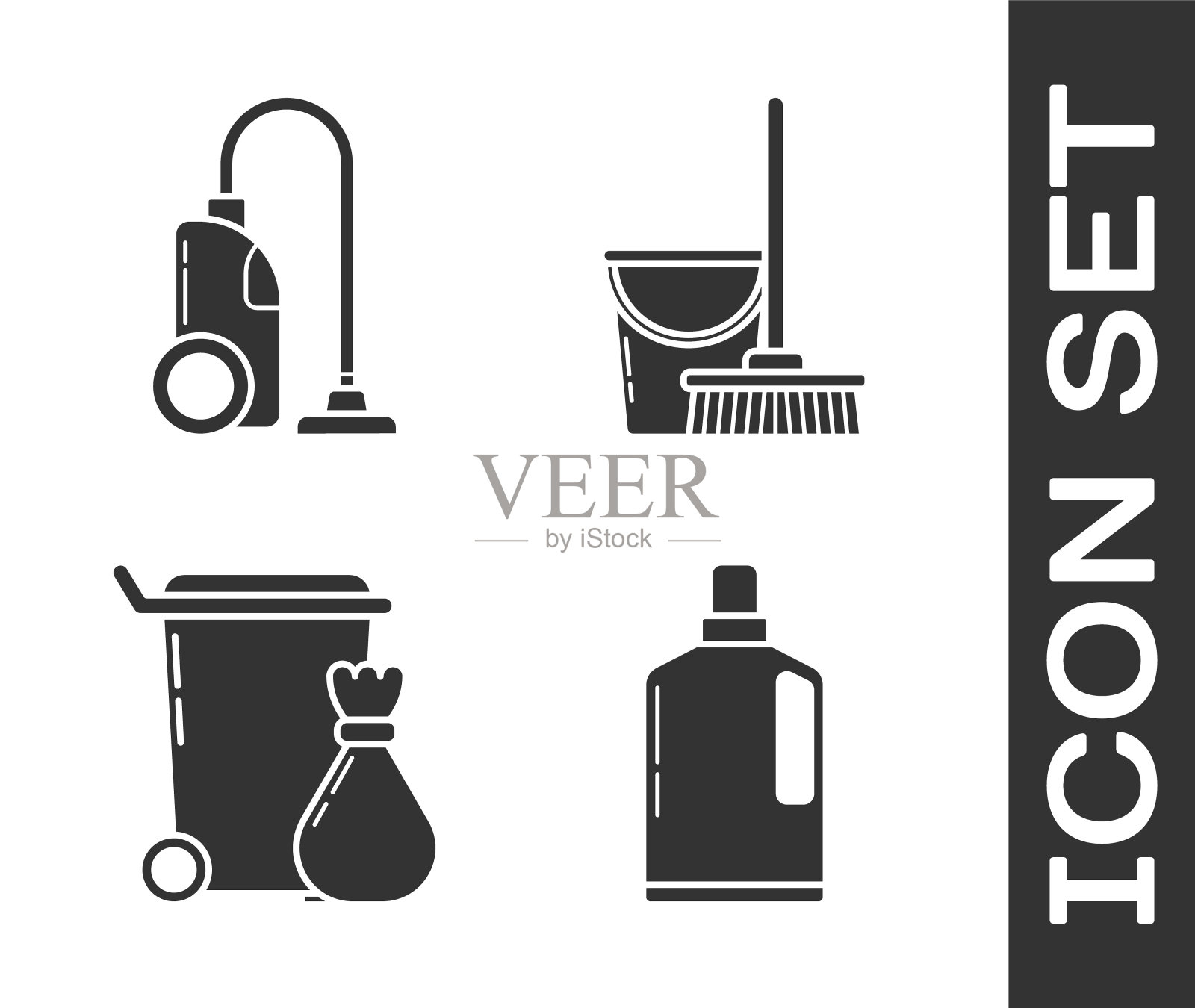 设置洗洁精、吸尘器、垃圾桶、拖把的塑料瓶和水桶图标。向量图标素材