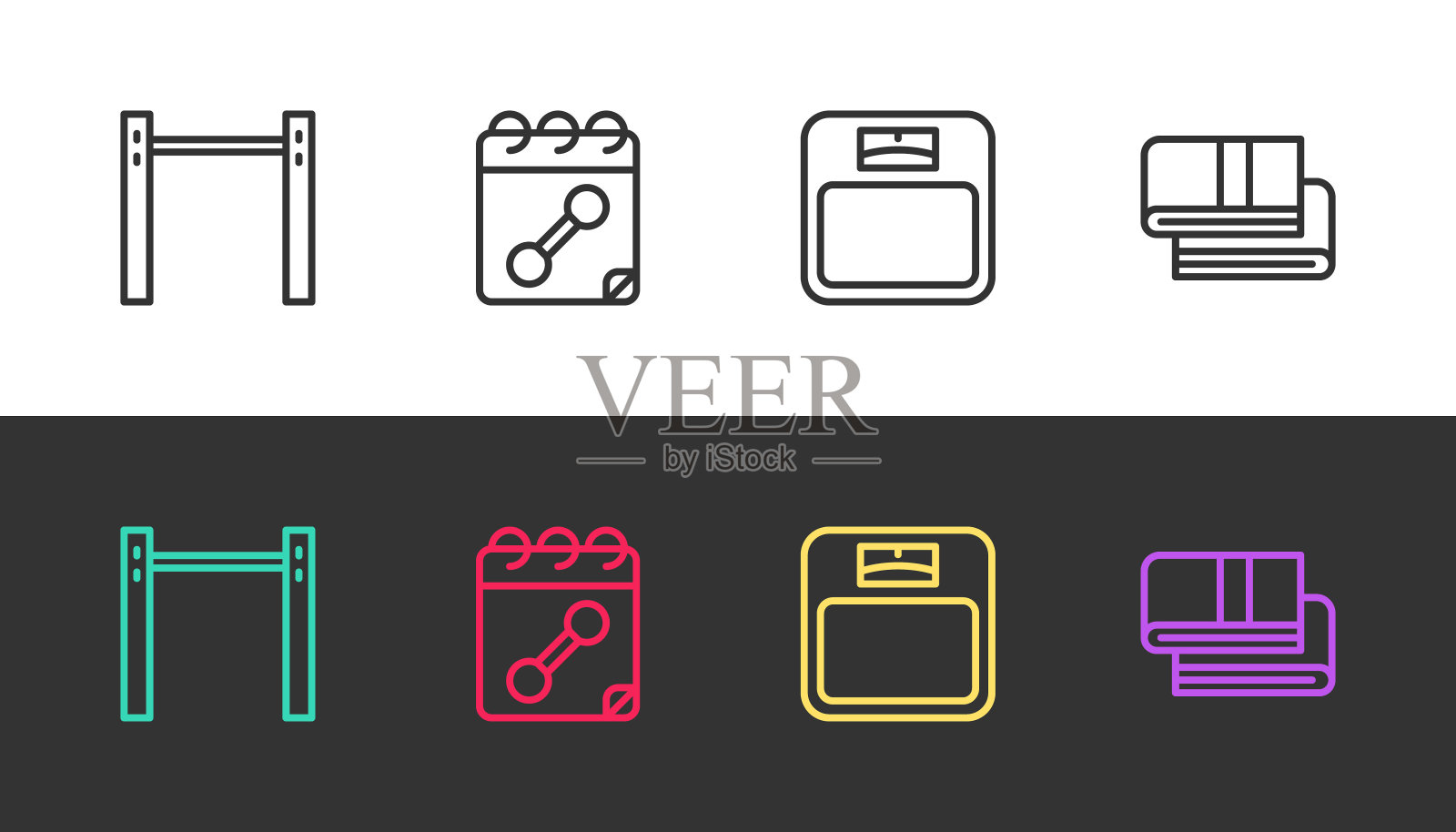 设置直线横杠,日历健身,浴室秤和毛巾堆栈上的黑色和白色。向量图标素材